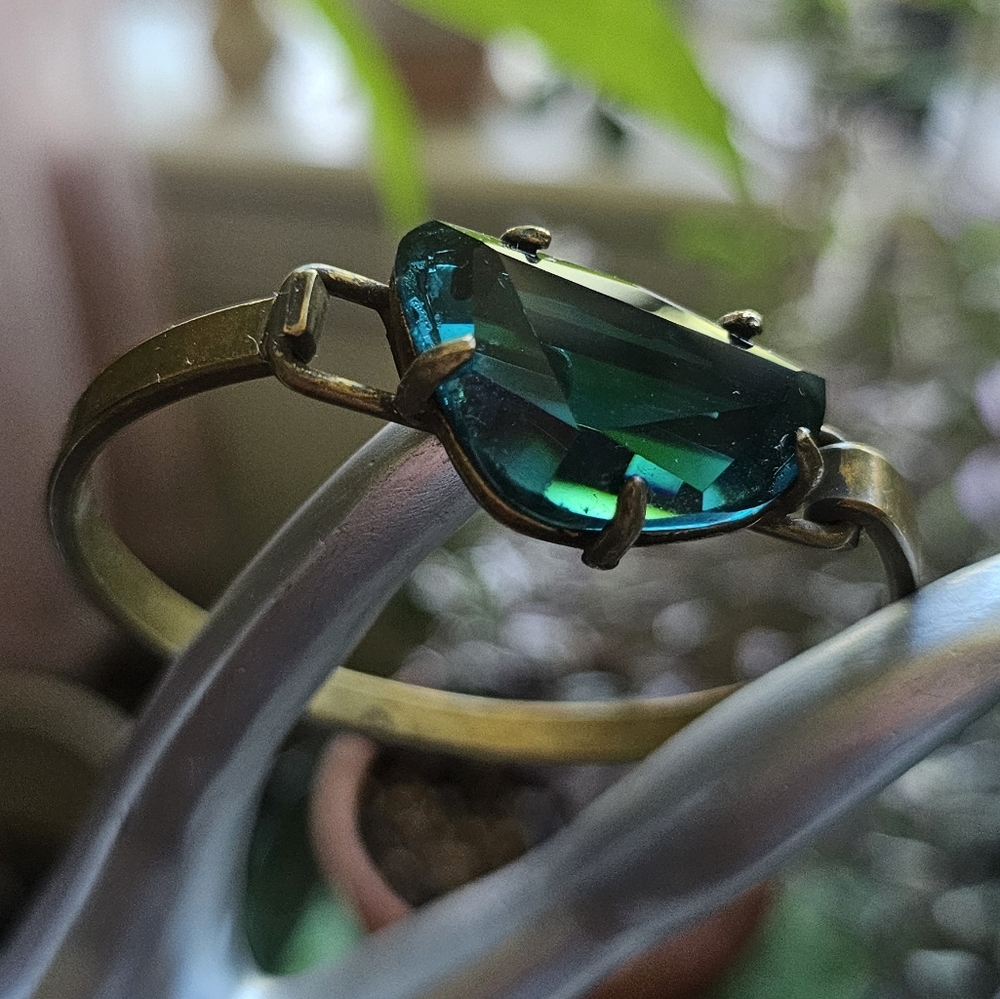 Signed Gerard Yosca Vintage Brass & Green Glass Bracelet.